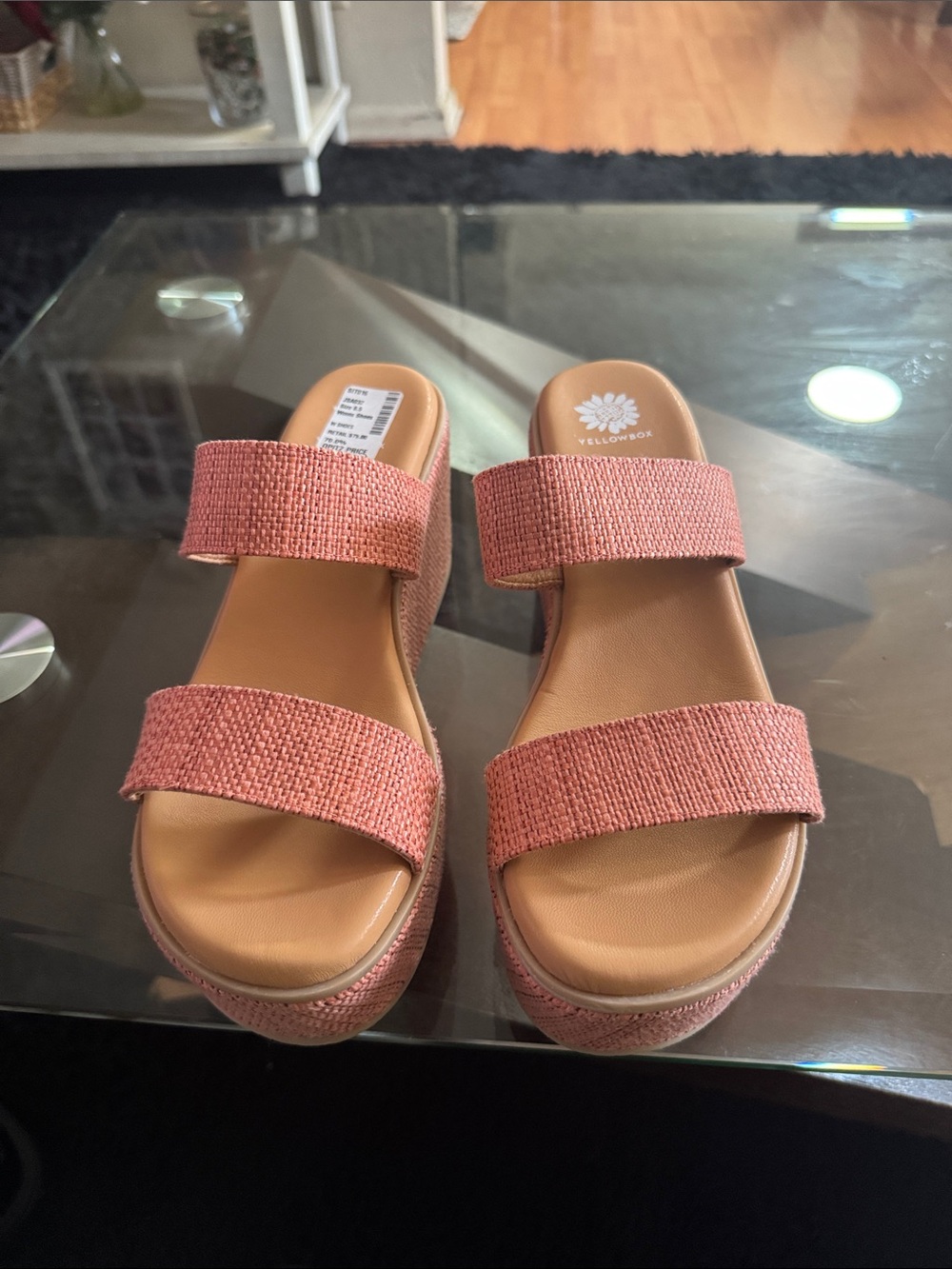 Yellow Box Coral Pink Woven Double-Strap Platform Slides